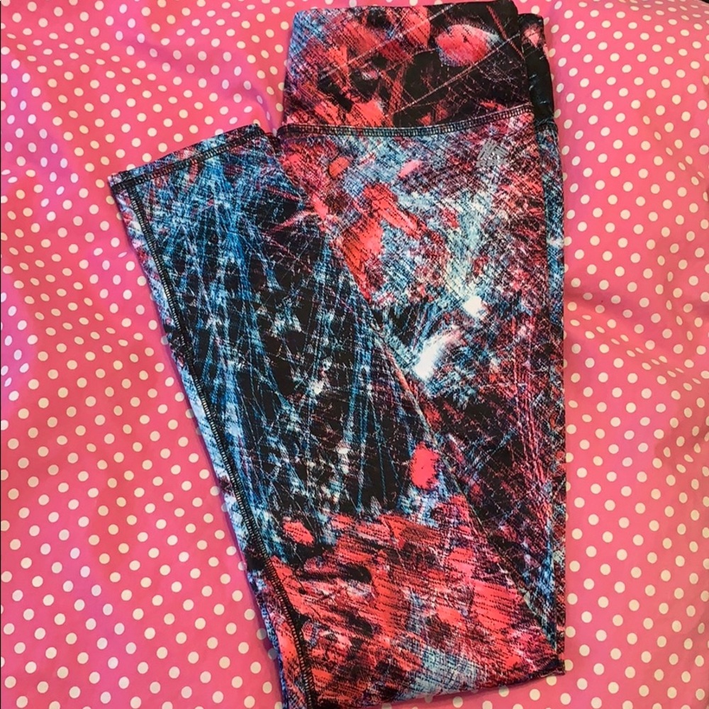 Blue and pink splatter paint leggings